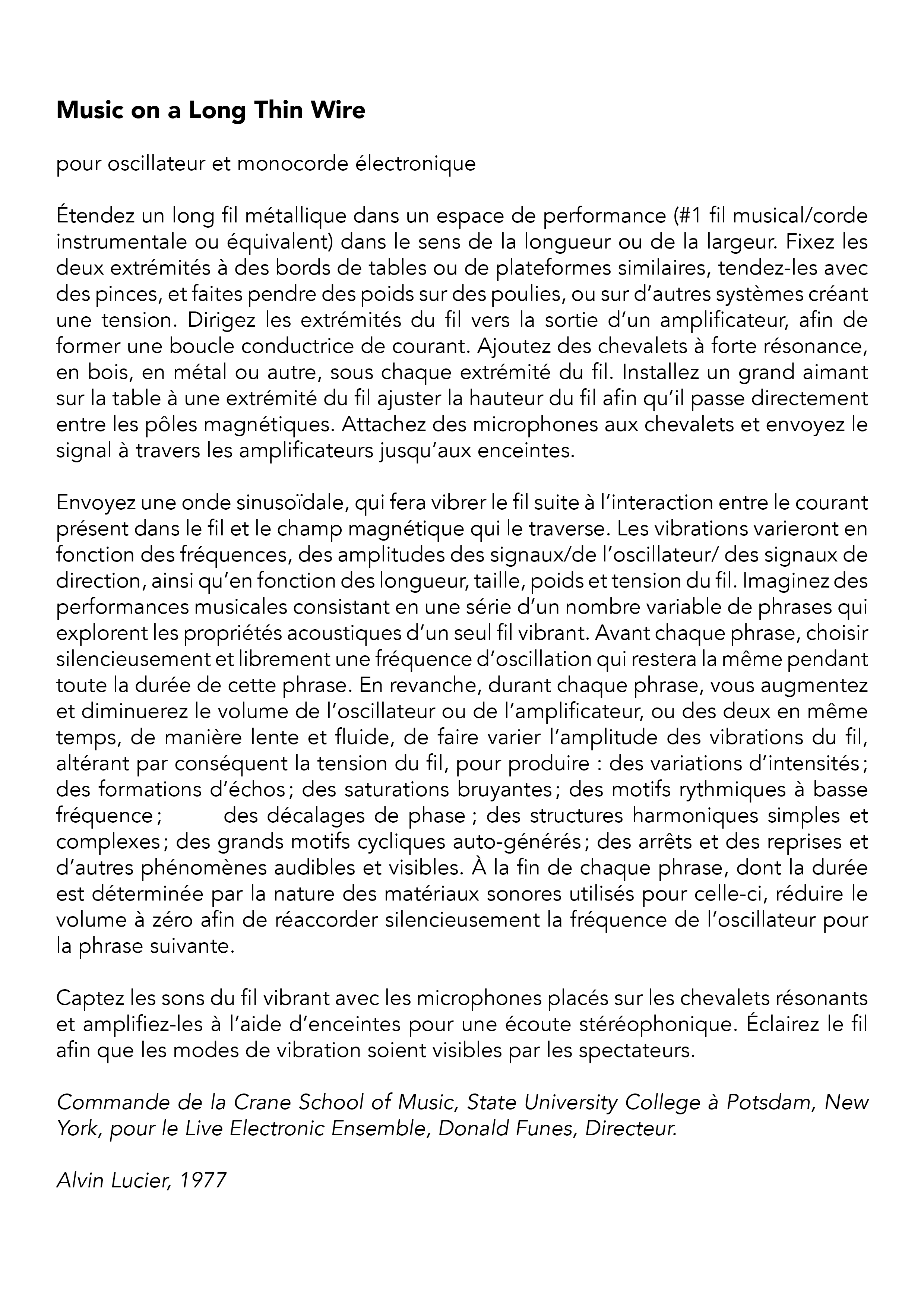 Partition protocolaire de Music on a Long Thin Wire de Alvin Lucier