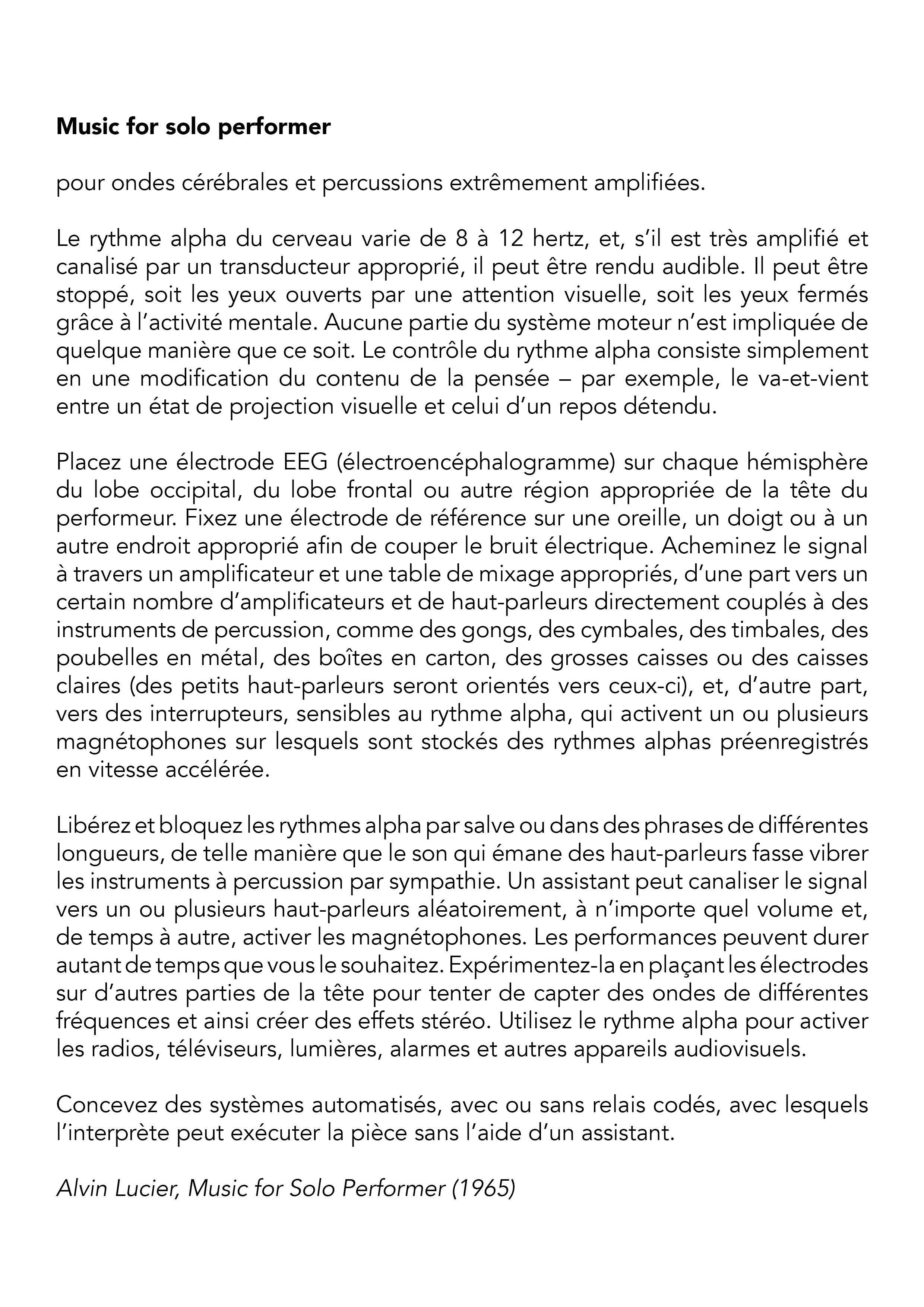 Partition protocolaire Music for Solo Performer d'Alvin Lucier