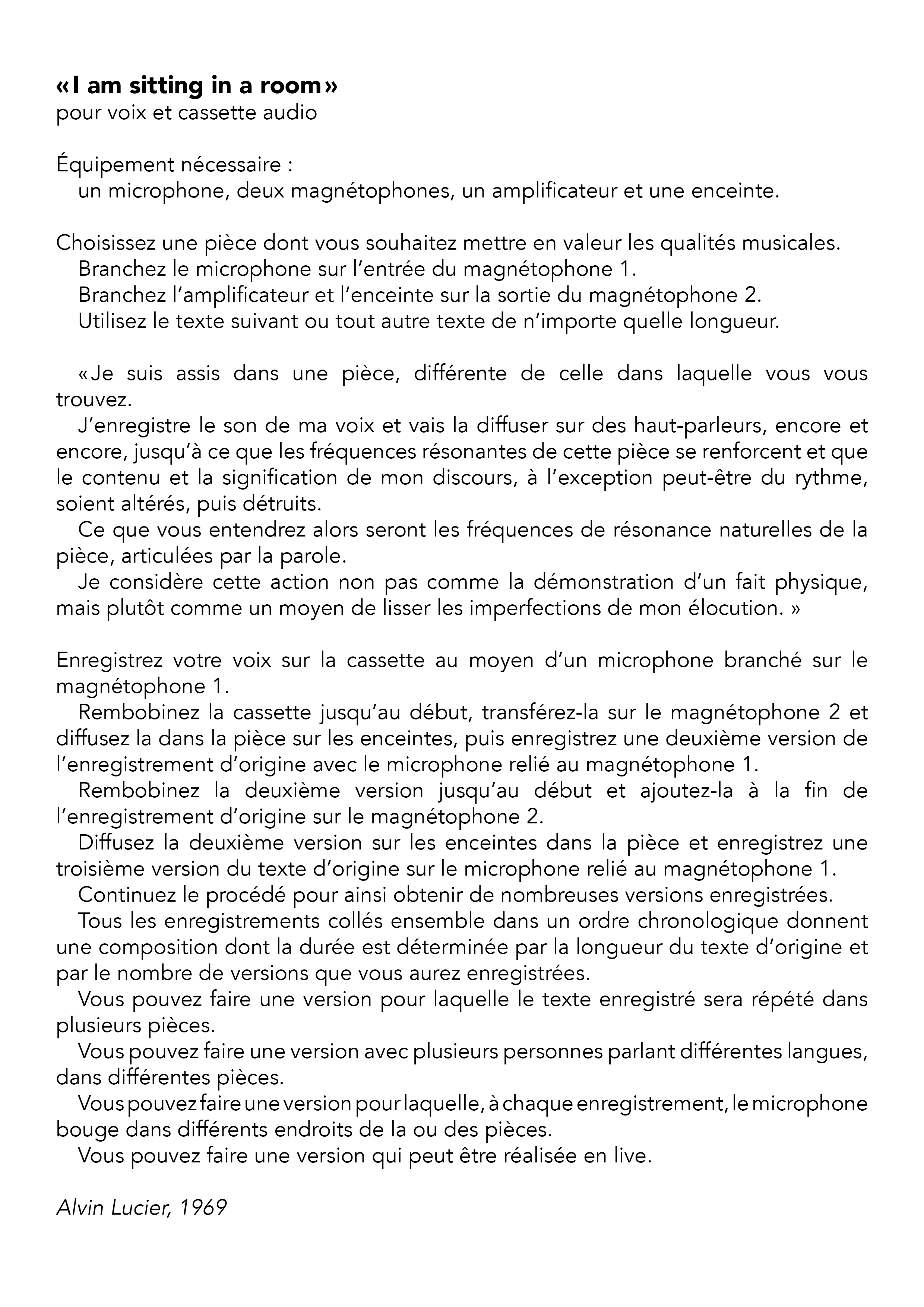Partition protocolaire de I am sitting in a room de Alvin Lucier