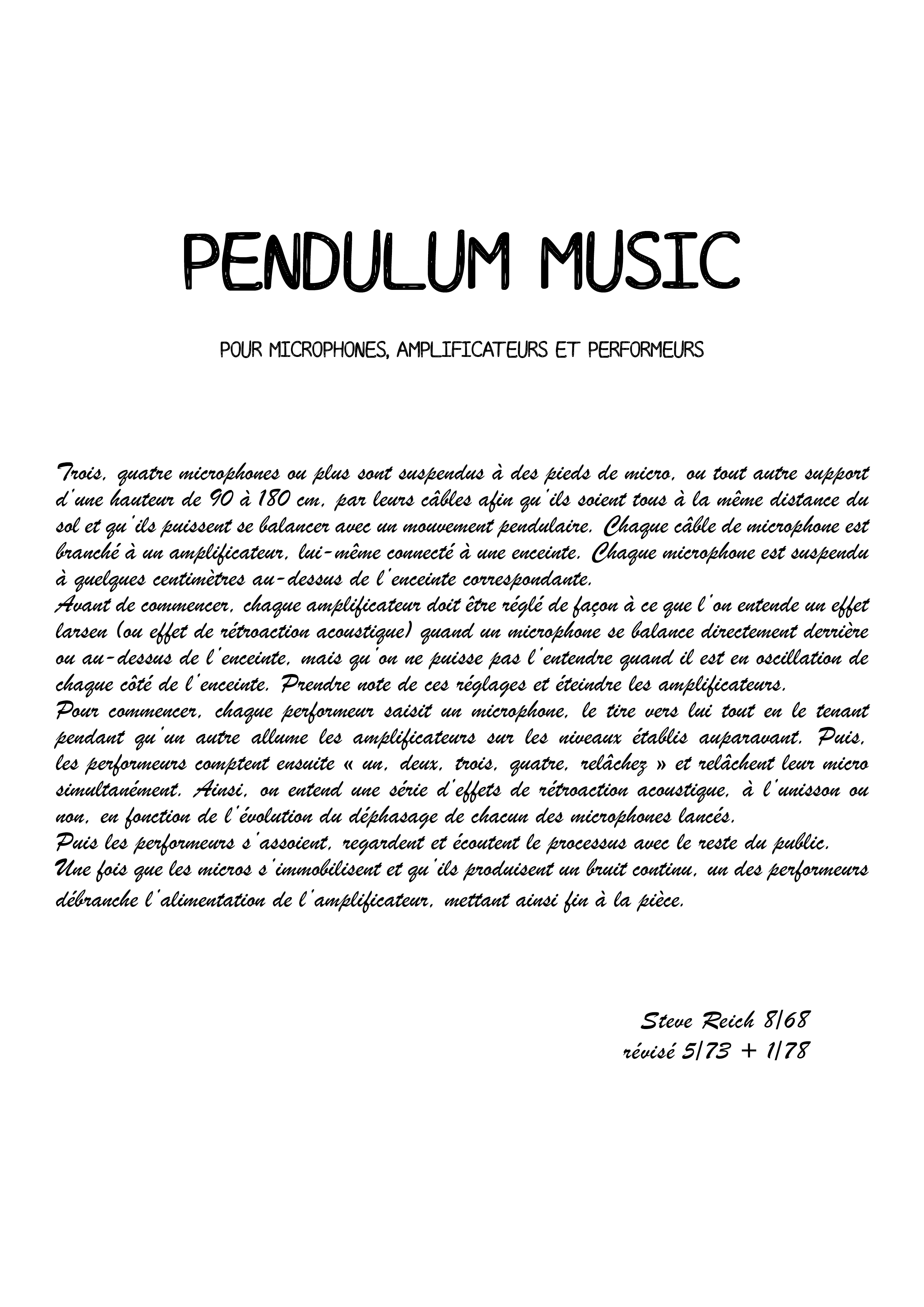 Partition protocolaire de Pendulum Music de Steve Reich