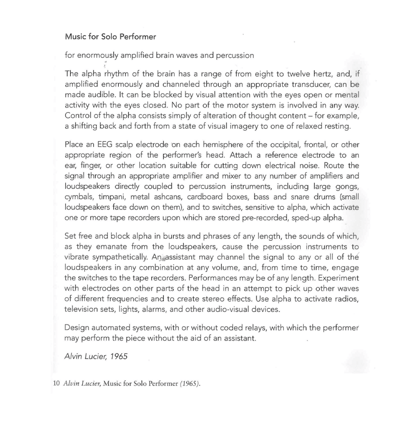 Partition originale (en anglais) de Music for solo performer de Alvin Lucier