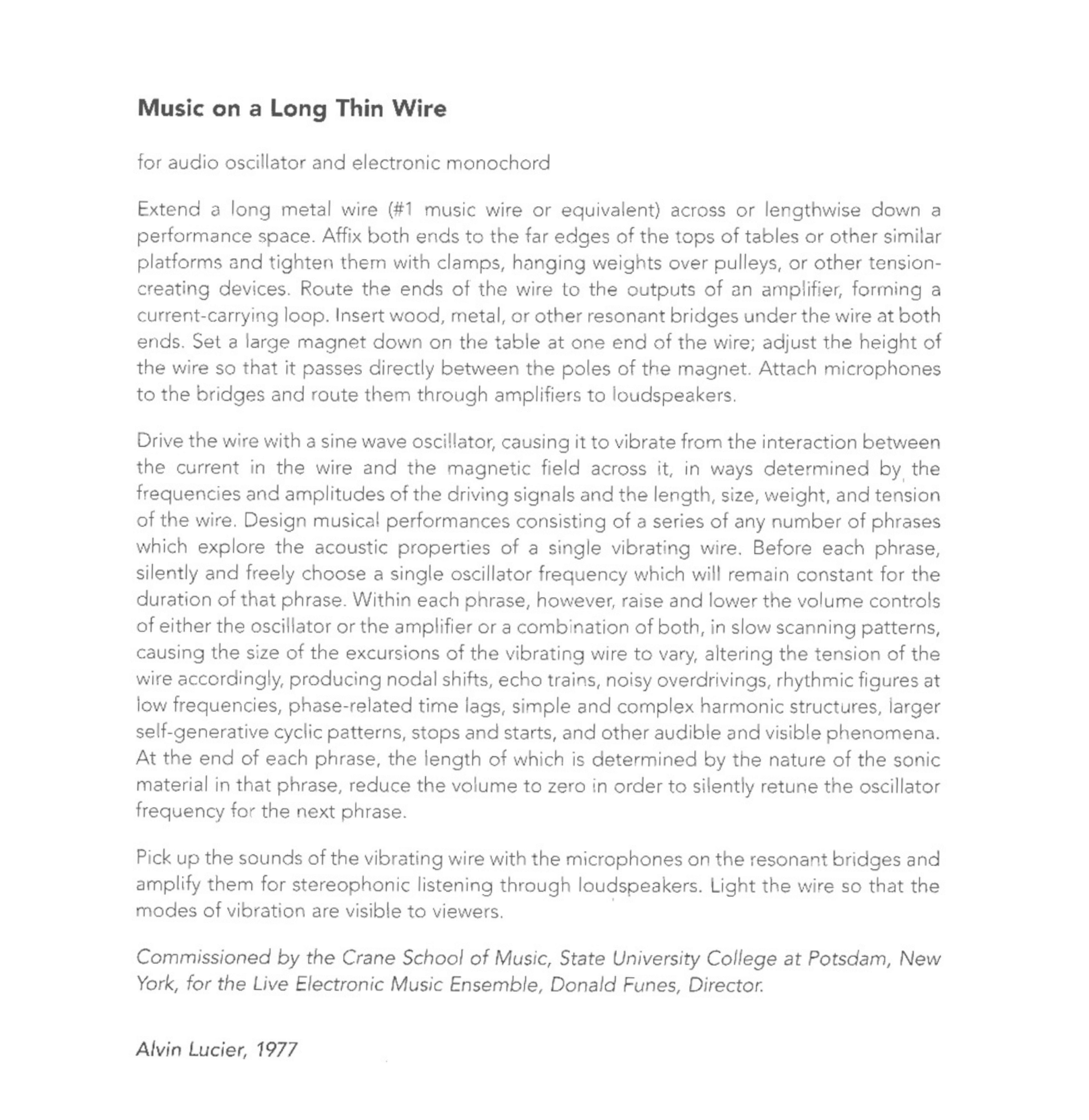 Partition originale (en anglais) de Music on a long thin wire de Alvin Lucier