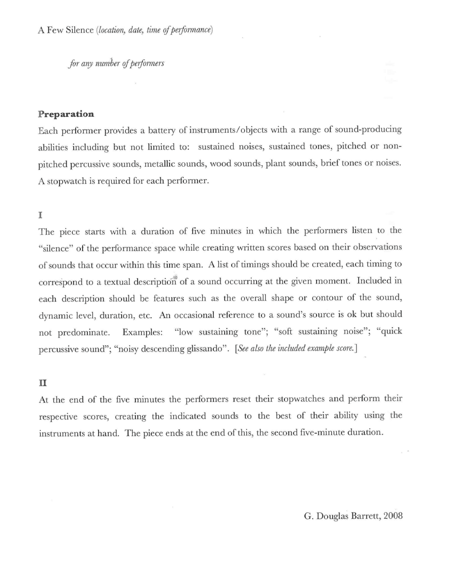 Partition originale (en anglais) de A Few Silence de G. Douglas Barrett